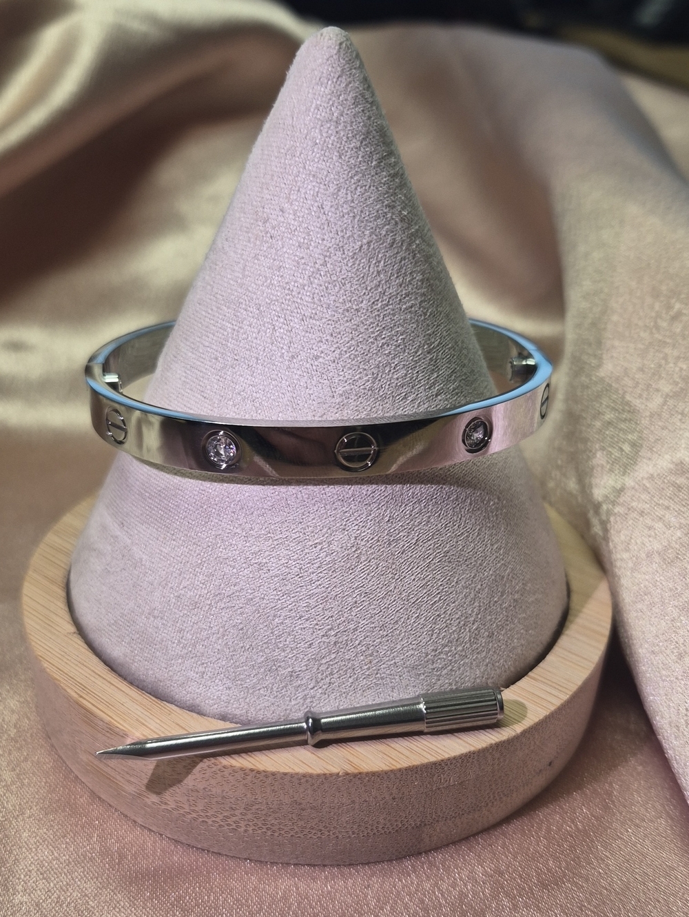 Sterling Silver Screw-Accent Stamped Bangle with Clear Crystals - Women Jewelry